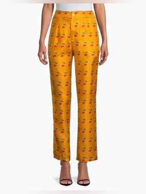 Lisou Yellow Cherry Print Straight-Leg Pants